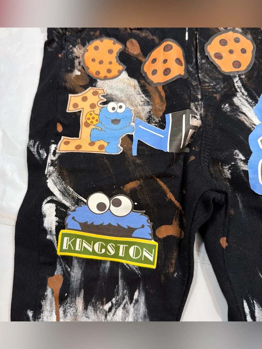 OFFCORSS BLACK denim bib overall jeans white tan paint splatters COOKIE MONSTER